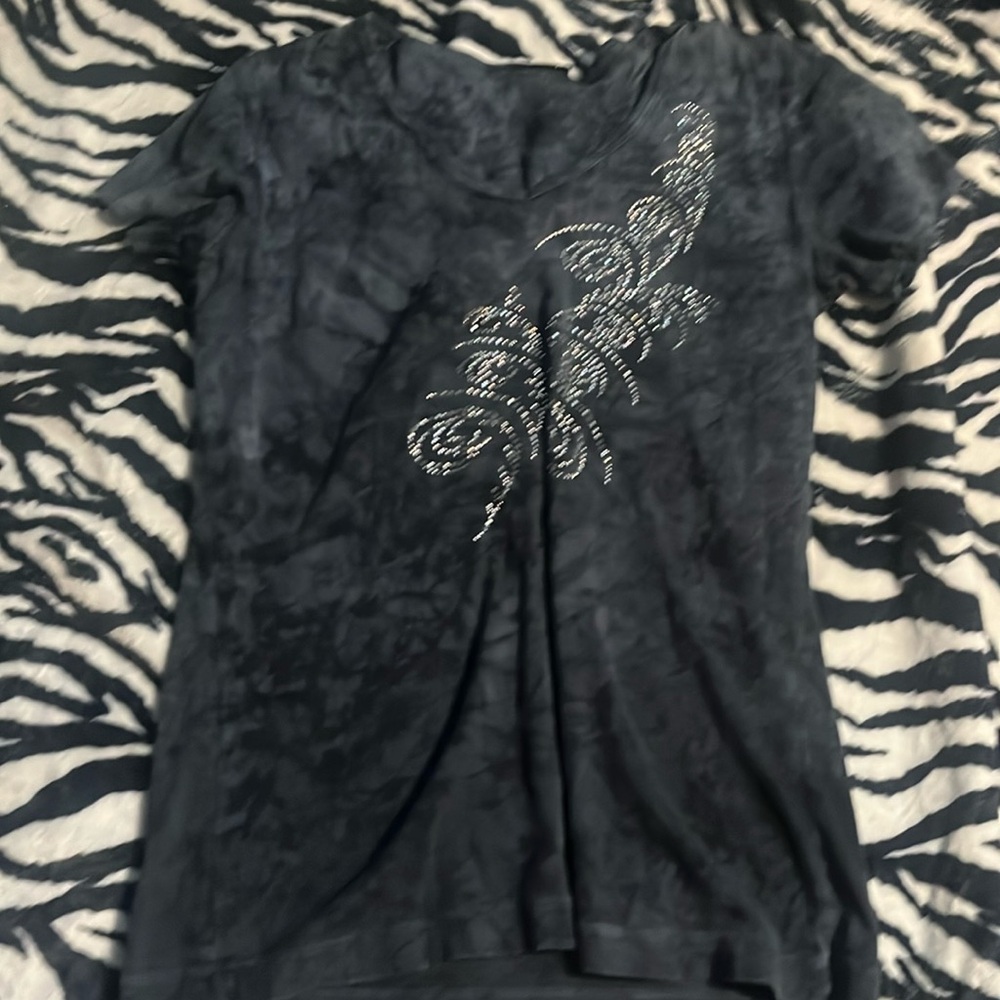 dark blue thrifted shirt with rhinestones cut sleeves